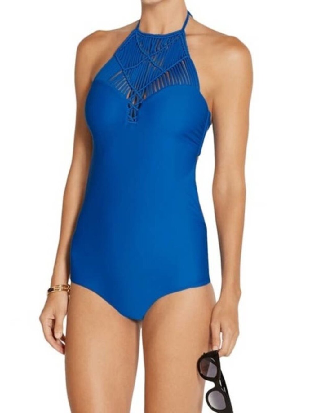 MIKOH One Piece Swimsuit Size XL Moorea Blue Macrame Halter Open Back Beach Pool
